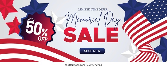 Happy Memorial Day Sale Web Banner Background. Special Offer Of Up To 50% Off For Memorial Day Shopping Events and Online Campaigns. Patriotic Memorial Day Festive Super Sale Web Header
