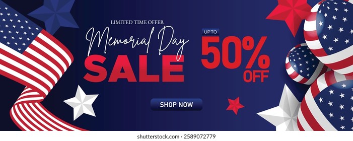 Happy Memorial Day Sale Web Banner Background. Special Offer Of Up To 50% Off For Memorial Day Shopping Events and Online Campaigns. Patriotic Memorial Day Festive Super Sale Web Header