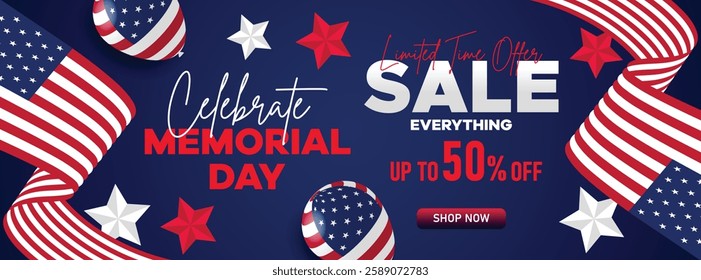 Happy Memorial Day Sale Web Banner Background. Special Offer Of Up To 50% Off For Memorial Day Shopping Events and Online Campaigns. Patriotic Memorial Day Festive Super Sale Web Header