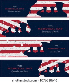 Happy Memorial Day. Set Vintage Retro Greeting Card With Flag And Soldier With Old-style Texture. National American Holiday Event. Flat Vector Illustration EPS10.