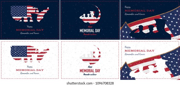 Happy memorial day. Set vintage retro greeting card with flag and soldier with old-style texture. National American holiday event. Flat Vector illustration EPS10.