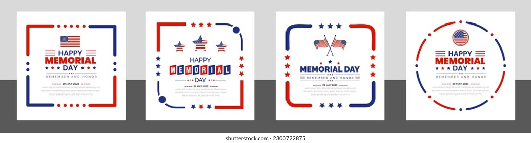 Happy Memorial Day social media post banner, Background or typography design set. Remember and Honor. National American holiday illustration. Vector Memorial day greeting card or background design.
