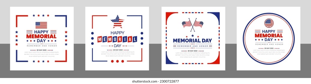 Happy Memorial Day social media post banner, Background or typography design set. Remember and Honor. National American holiday illustration. Vector Memorial day greeting card or background design.