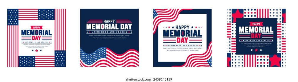 Happy Memorial Day social media post banner design template set. Happy Memorial Day Remember and Honor typography background template. American national holiday banner design.