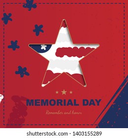 Happy memorial day. Square banner with a big star with a shadow, on the background of the USA flag. National American holiday event. Flat Vector illustration EPS10