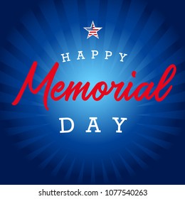 Happy Memorial day star and blue beams banner. Memorial Day lettering vector template in with text on blue striped background