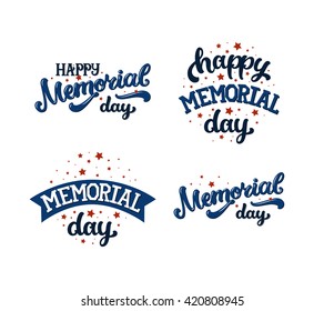 Happy memorial day, text with stars and ribbon on white background. Vector text