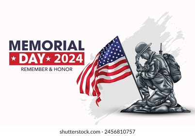 Feliz Día de la Conmemoración USA. Soldado americano con bandera. Diseño de Ilustración vectorial