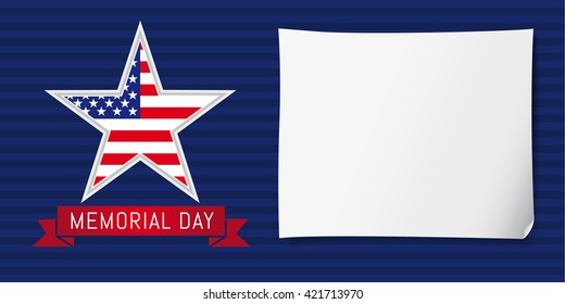 Happy Memorial Day USA creative banner. Isolated abstract graphic design template. Light colors. Sheet of paper. Decorative brush calligraphy, American flag frame and blue background.