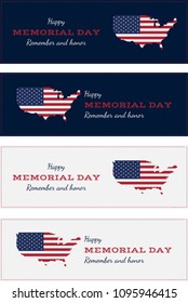 Happy memorial day with USA map. Greeting card with flag and map. National American holiday event. Flat Vector illustration EPS10.