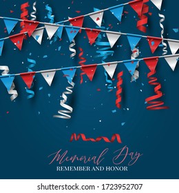 Happy Memorial Day. USA national holiday celebration. Blue and red bunting and confetti. Vector illustration.