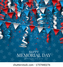 Happy Memorial Day. USA national holiday celebration. Blue and red bunting and confetti. Vector illustration.