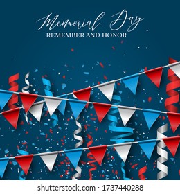 Happy Memorial Day. USA national holiday celebration. Blue and red bunting and confetti. Vector illustration.