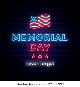 Happy Memorial Day vector banner. Neon Memorial Day sign. American flag in modern neon style. Vector illustration.
