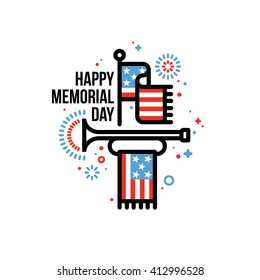 Happy Memorial Day Vector Greeting Card With American Flag And Bugle