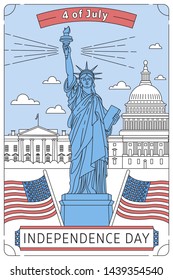 Happy memorial day. Vector illustrated greeting card with star White House, Congress building and Statue of Liberty. National American holiday event. Flat Vector illustration of isolated elements