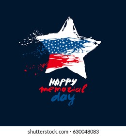 Happy Memorial Day. Vector illustration, National american holiday, USA grunge flag. Brush, lettering, Abstract star.