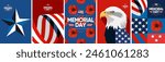 Happy Memorial Day. Vector modern flat illustration of USA objects, eagle, star, ribbon, American pattern, logo,  poppy and icons for poster, invitation, flyer, background or greeting card