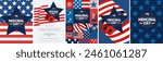 Happy Memorial Day. Vector modern flat illustration of USA flag, stars, American pattern, firework, Statue of Liberty, poppy, logo and icons for poster, invitation, flyer, background or greeting card