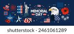 Happy Memorial Day. Vector modern flat illustration of USA objects, eagle, star, ribbon, Statue of Liberty, logo, flower poppy and icons for banner, invitation, flyer, background or greeting card
