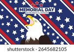 Happy Memorial Day. Vector modern flat illustration of USA objects, eagle, star, ribbon, American pattern, logo, poppy and icons for poster, invitation, flyer, background or greeting card