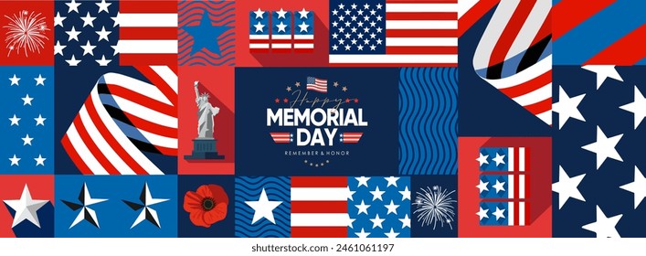 Happy Memorial Day. Vector modern flat illustration of USA flag, stars, American pattern, firework, Statue of Liberty, poppy, logo and icons for poster, invitation, flyer, background or greeting card