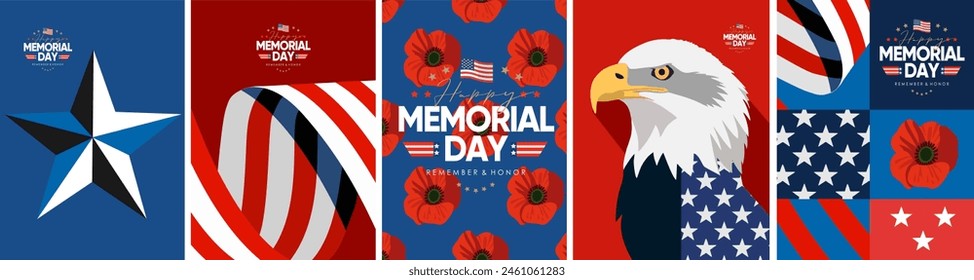 Happy Memorial Day. Vector modern flat illustration of USA objects, eagle, star, ribbon, American pattern, logo,  poppy and icons for poster, invitation, flyer, background or greeting card