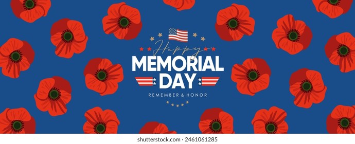 Happy Memorial Day. Vector modern flat illustration of poppy pattern, USA holiday symbol, logo, American flag for banner, invitation, flyer, background or greeting card