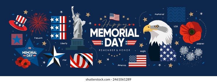 Happy Memorial Day. Vector modern flat illustration of USA objects, eagle, star, ribbon, Statue of Liberty, logo, flower poppy and icons for banner, invitation, flyer, background or greeting card