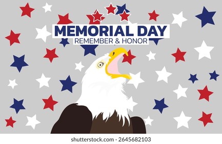 Happy Memorial Day. Vector modern flat illustration of USA objects, eagle, star, ribbon, American pattern, logo, poppy and icons for poster, invitation, flyer, background or greeting card