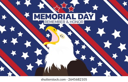 Happy Memorial Day. Vector modern flat illustration of USA objects, eagle, star, ribbon, American pattern, logo, poppy and icons for poster, invitation, flyer, background or greeting card