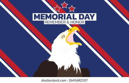 Happy Memorial Day. Vector modern flat illustration of USA objects, eagle, star, ribbon, American pattern, logo, poppy and icons for poster, invitation, flyer, background or greeting card