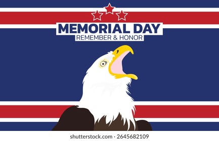 Happy Memorial Day. Vector modern flat illustration of USA objects, eagle, star, ribbon, American pattern, logo, poppy and icons for poster, invitation, flyer, background or greeting card