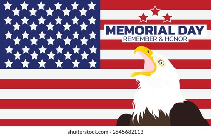 Happy Memorial Day. Vector modern flat illustration of USA objects, eagle, star, ribbon, American pattern, logo, poppy and icons for poster, invitation, flyer, background or greeting card