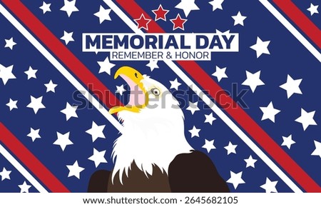 Happy Memorial Day. Vector modern flat illustration of USA objects, eagle, star, ribbon, American pattern, logo, poppy and icons for poster, invitation, flyer, background or greeting card