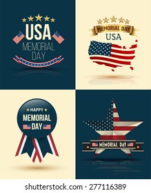 Happy Memorial Day Vector Set, Patriotic American Flag and Ribbon Vector Set. Vector illustration.