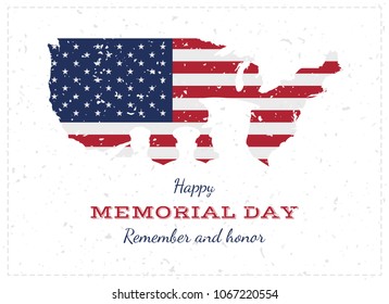 Happy Memorial Day. Vintage Retro Greeting Card With Flag And Soldier With Old-style Texture. National American Holiday Event. Flat Vector Illustration EPS10.