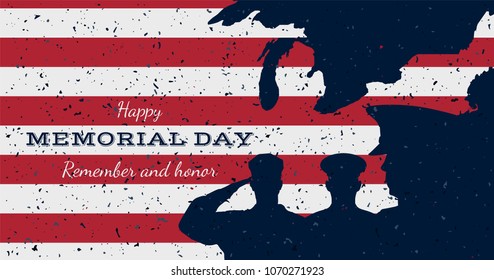 Happy memorial day. Vintage retro greeting card with flag and soldier with old-style texture. National American holiday event. Flat Vector illustration EPS10.