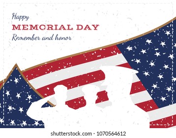 Happy Memorial Day. Vintage Retro Greeting Card With Flag And Soldier With Old-style Texture. National American Holiday Event. Flat Vector Illustration EPS10.