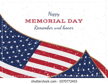 Happy memorial day. Vintage retro greeting card with flag and old-style texture. National American holiday event. Flat Vector illustration EPS10.