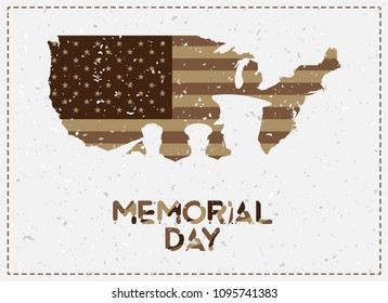 Happy memorial day. Vintage retro greeting card with flag and soldier with old-style texture. National American holiday event. Flat Vector illustration EPS10.