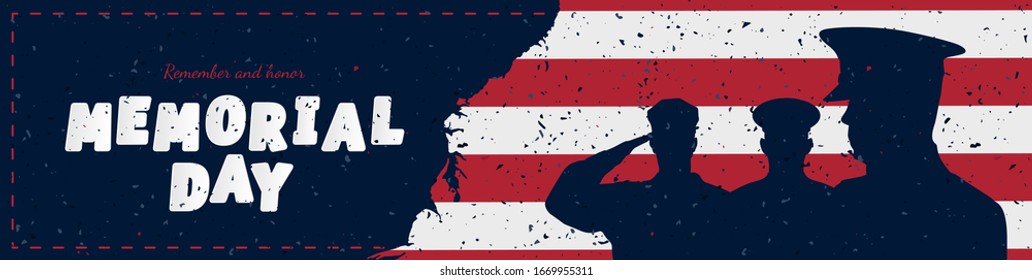 Happy memorial day. Vintage retro greeting card with USA flag and soldier with old-style texture. National American holiday event. Flat Vector illustration EPS10