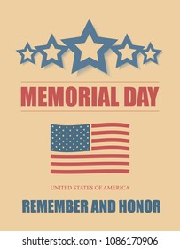 Happy Memorial Day. We will always remember. Hand-lettering greeting card with textured letters and background in retro style. Hand-drawn vintage typography illustration
