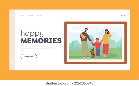 Happy Memories Landing Page Template. Family Photo in Frame with Children, Parents And Pet Characters Enjoying Outdoor Walk, Bonding And Spending Time Together. Cartoon Vector Illustration