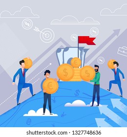 Happy Men in Business Suits Carry Gold Coins in form Dollars and Euros. Vector Flat  Illustration on Lilac Background. On Top Blue Mountain Money Bills Worth Gold Coins and Red Flag.