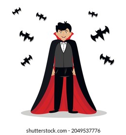 Happy Men Celebrate Halloween Wears Dracula Vampire Costume With Cape