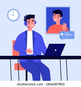 Happy men chatting online via video call. Laptop, distance, conference flat vector illustration. Communication and digital technology concept for banner, website design or landing web page