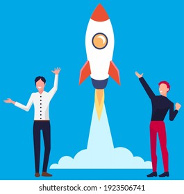 Fröhliche Männer begleiten die Weltraumrakete fröhlich nach oben, winken Hand. Projektstart und Entwicklungsprozess. Innovationsproduktkreative Idee. Erfolgreiches Business Management für neuen Plan, Terminkontrolle