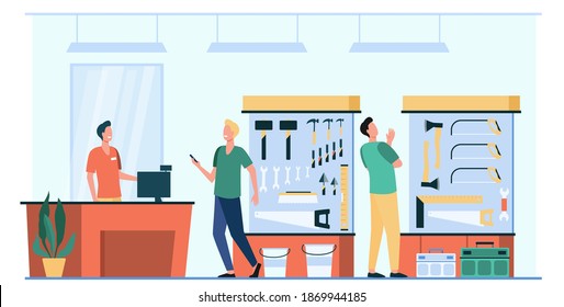 Happy men choosing and buying hardware isolated flat vector illustration. Cartoon characters looking at repair instrument on shelf in shop. Tool store interior and pollution concept