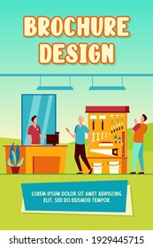 Happy men choosing and buying hardware isolated flat vector illustration. Cartoon characters looking at repair instrument on shelf in shop. Tool store interior and pollution concept